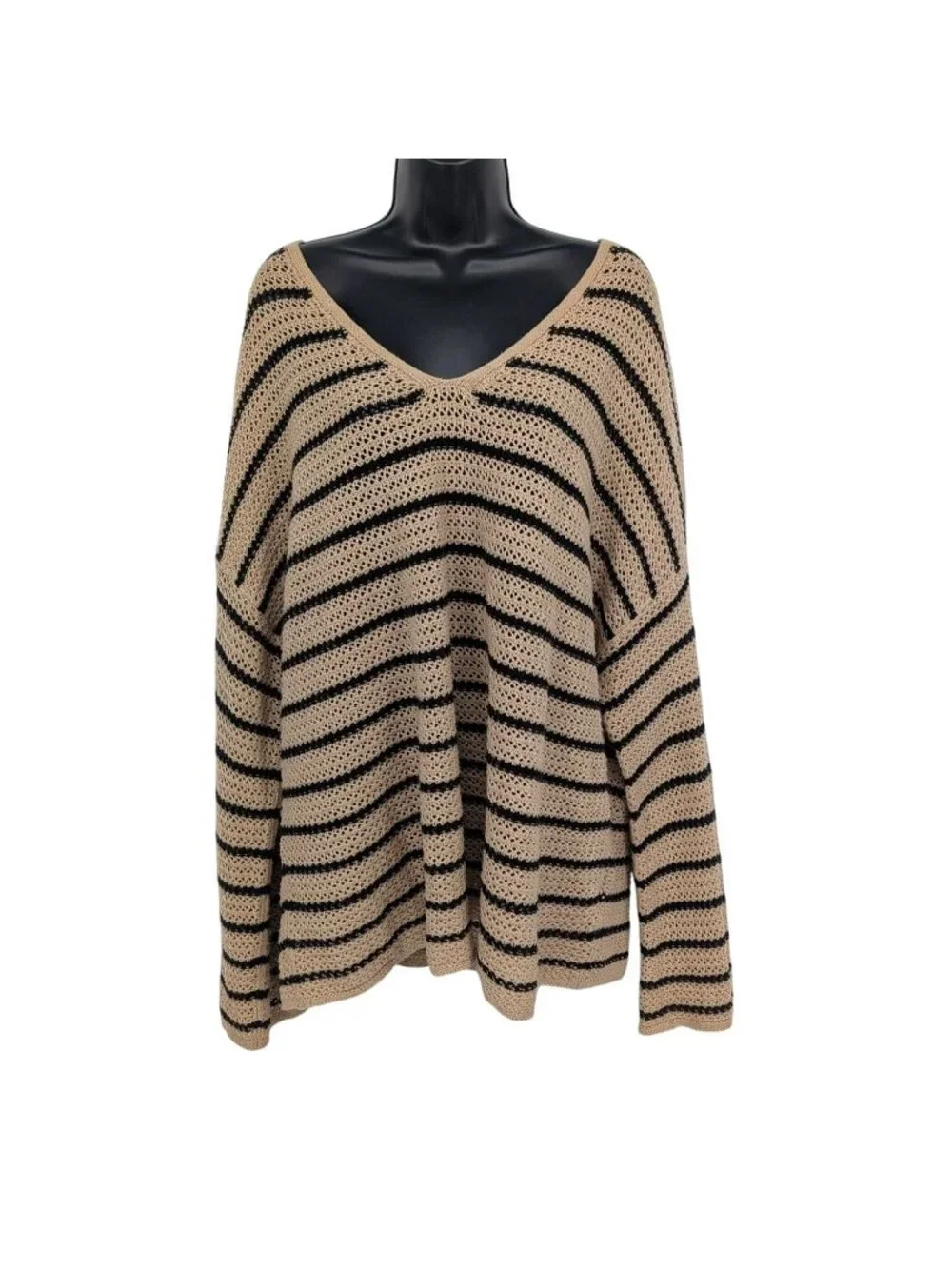 Crochet Open Knit V Neck Sweater Striped Oversized Boho Cottage Slouchy XXLarge